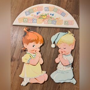 1950’s praying girl and boy with ‘Dear Jesus Watch Over Me’ sign. Dolly Toy Co